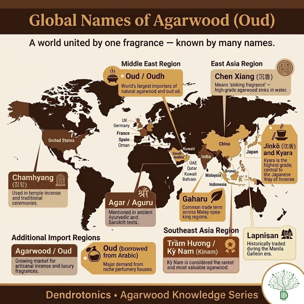 World map captioned “Global Names of Agarwood (Oud)”, tagging each region with its local name: Oud or Oudh in the Middle East, Chen Xiang in China, Jinkō and Kyara in Japan, Chamhyang in Korea, Agar or Aguru in India, Gaharu across Malay-speaking Southeast Asia, Trầm Hương and Kỳ Nam in Vietnam, and Lapnisan in the Philippines
