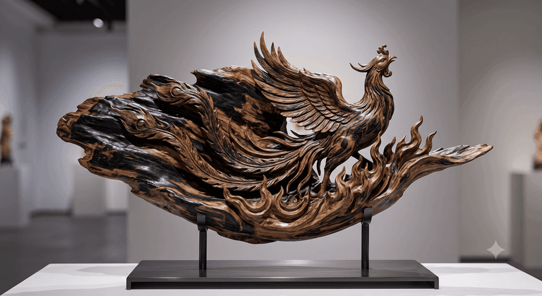 A phoenix carved from a single piece of resin-streaked agarwood, mounted on a gallery plinth