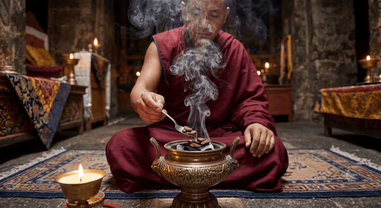 A robed monk spooning agarwood pieces onto glowing charcoal in a brass censer, smoke rising