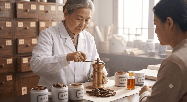 A pharmacist grinding agarwood in a brass mill at a traditional medicine counter, chips and powder on the bench