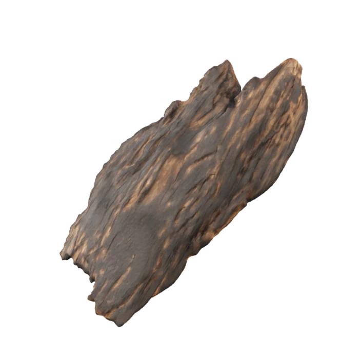 A sinking-grade agarwood chip, carved down to its resin-laden heartwood — rotatable in 3D
