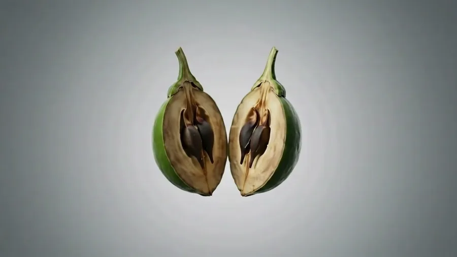 A ripe Aquilaria (lapnisan) seed capsule splitting open along its central suture
