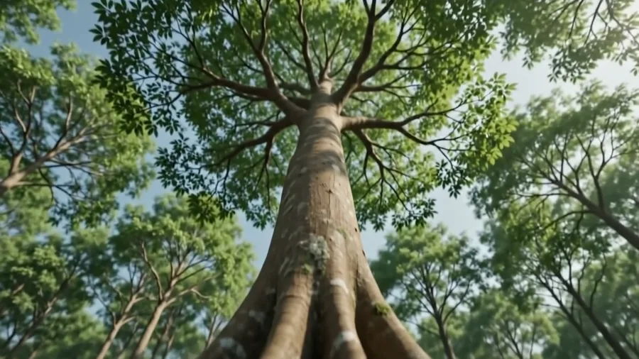 Looking up the trunk of a mature Aquilaria tree into a full green canopy