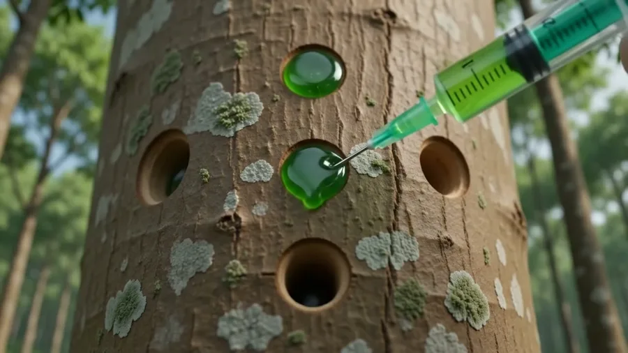 A syringe infusing green fungal inoculum into drilled boreholes on an Aquilaria trunk