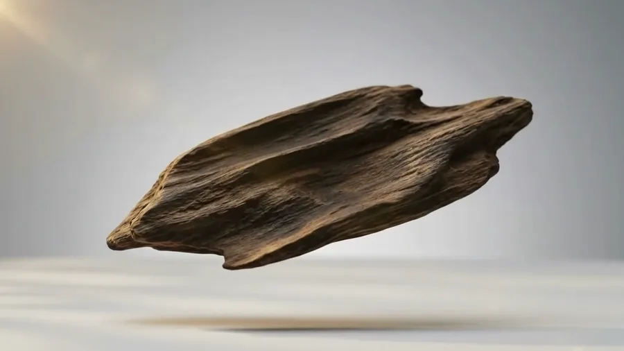 A finished piece of dark, resin-rich agarwood after the pale sapwood has been carved away