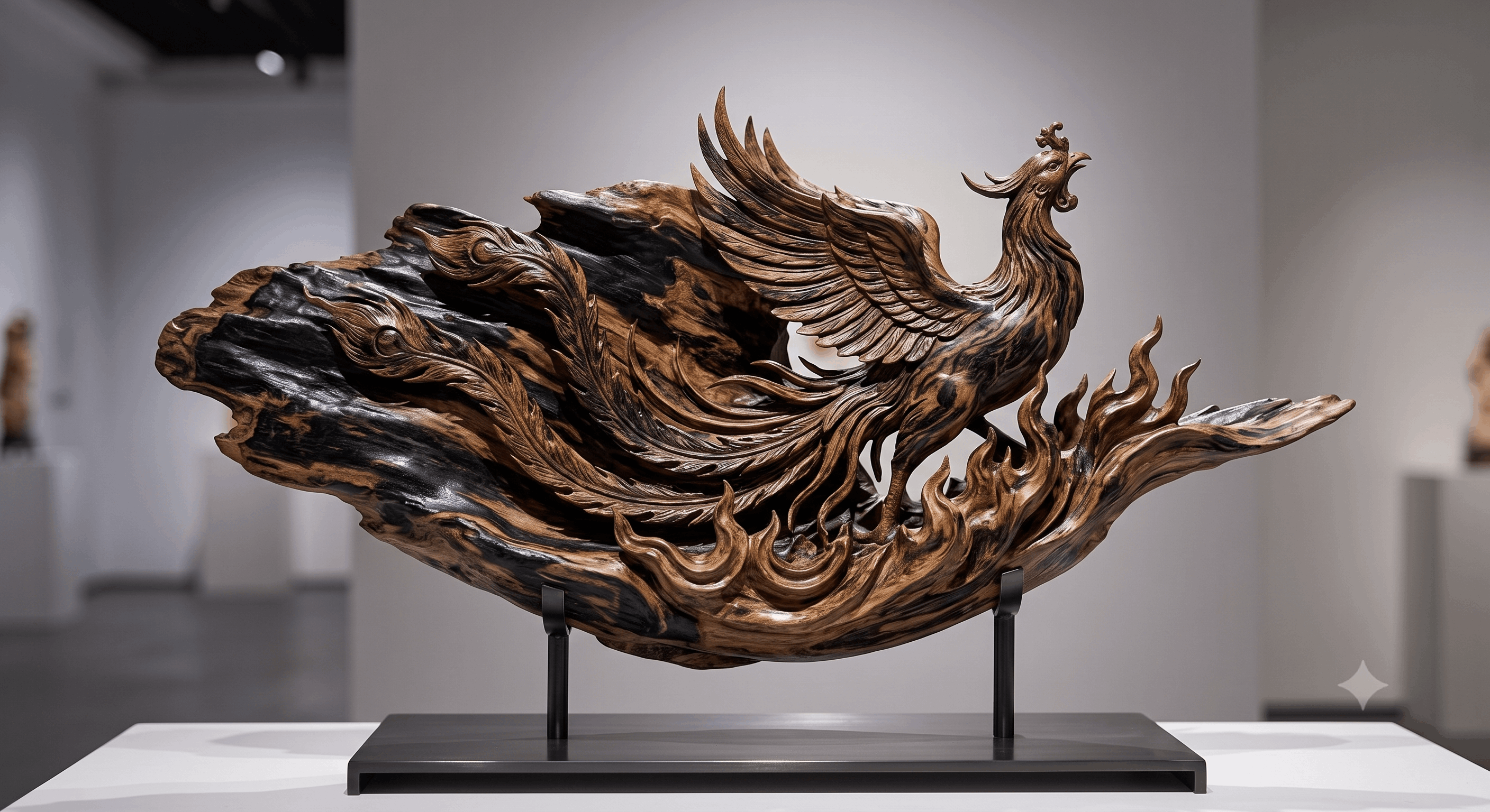 A phoenix sculpture carved from a massive resin-darkened piece of agarwood, displayed in a gallery.