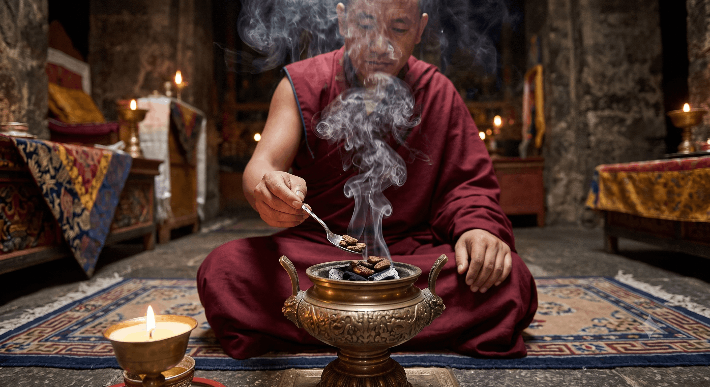 A Bhutanese monk placing agarwood chips onto hot charcoal during a purification ritual, releasing fragrant smoke.