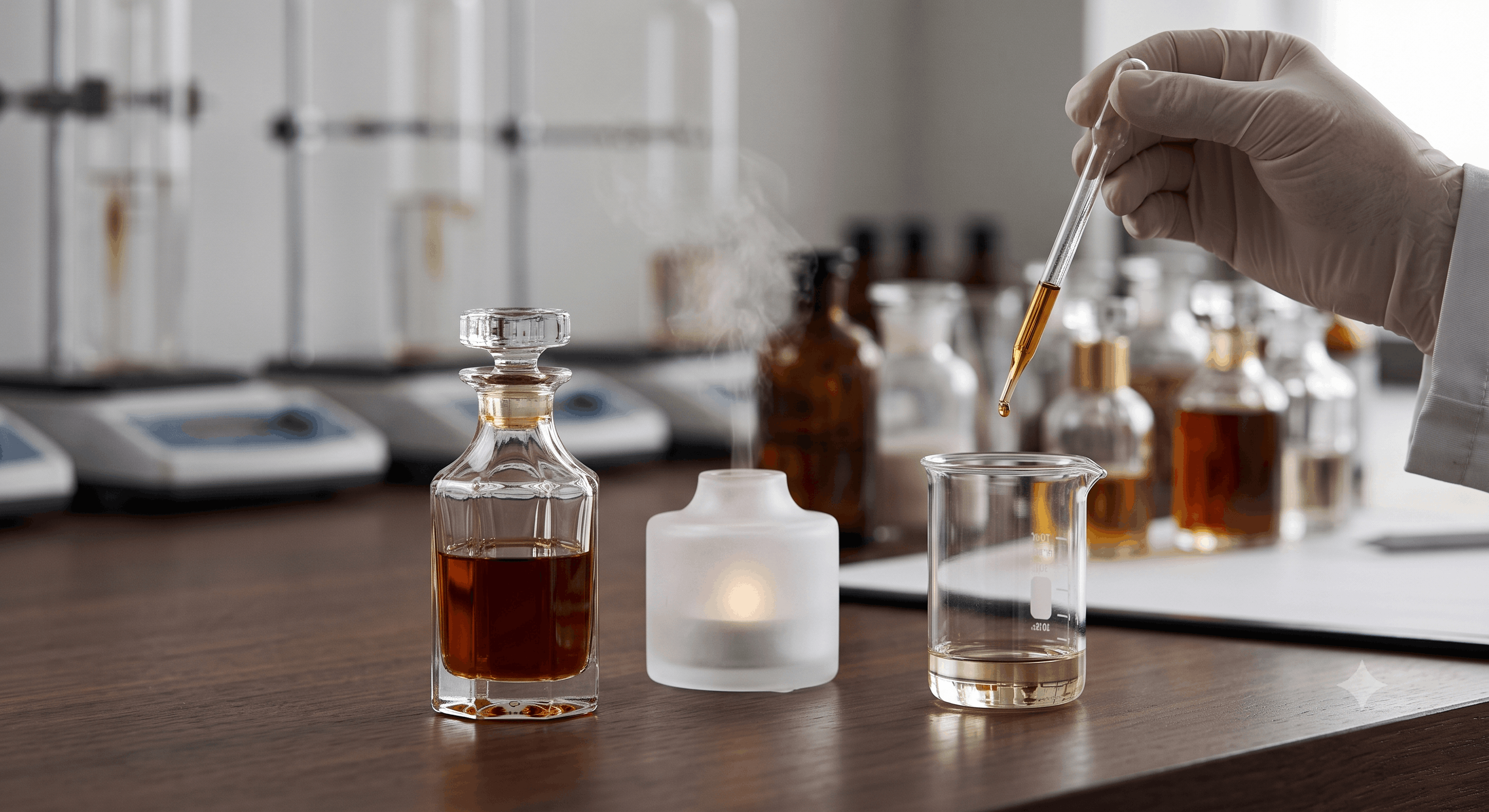 A master perfumer adding hydro-distilled Oud oil into a beaker to craft a bespoke fragrance blend.